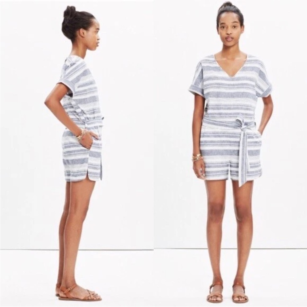 Madewell Linen Striped Blue White Romper Onesie Jumpsuit XS